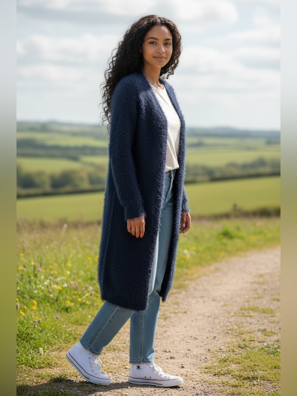 Monk & Lou Navy Blue Fuzzy Open-Front Sweater